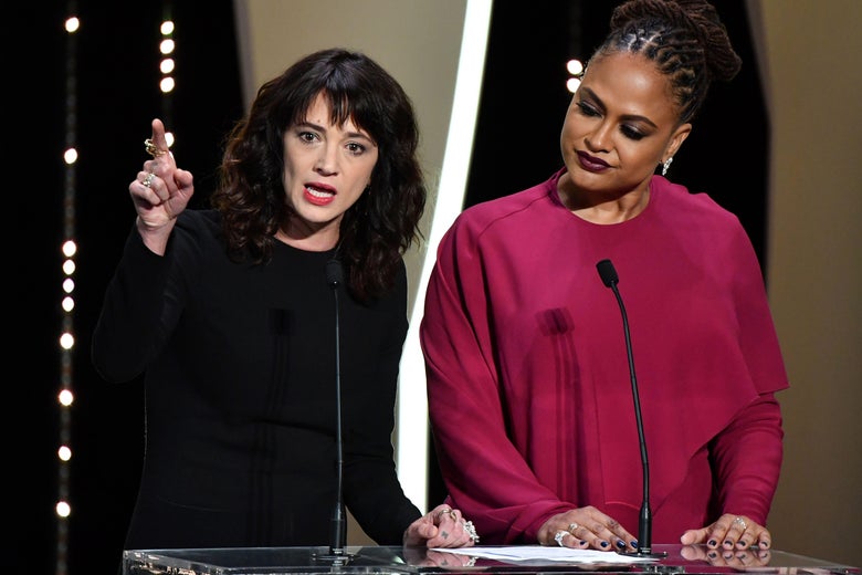 Asia Argento, sharing the podium with director Ava DuVernay, speaks about Harvey Weinstein at the closing ceremony of the 71st Cannes Film Festival.